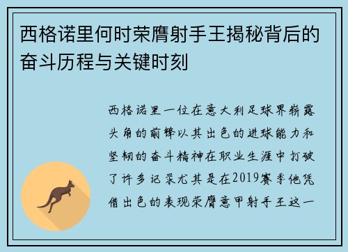 西格诺里何时荣膺射手王揭秘背后的奋斗历程与关键时刻